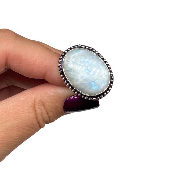 Blue Flash Rainbow Moonstone Ring Size 6 925 Sterling Silver Overlay Oval Stone - Picture 3 of 6